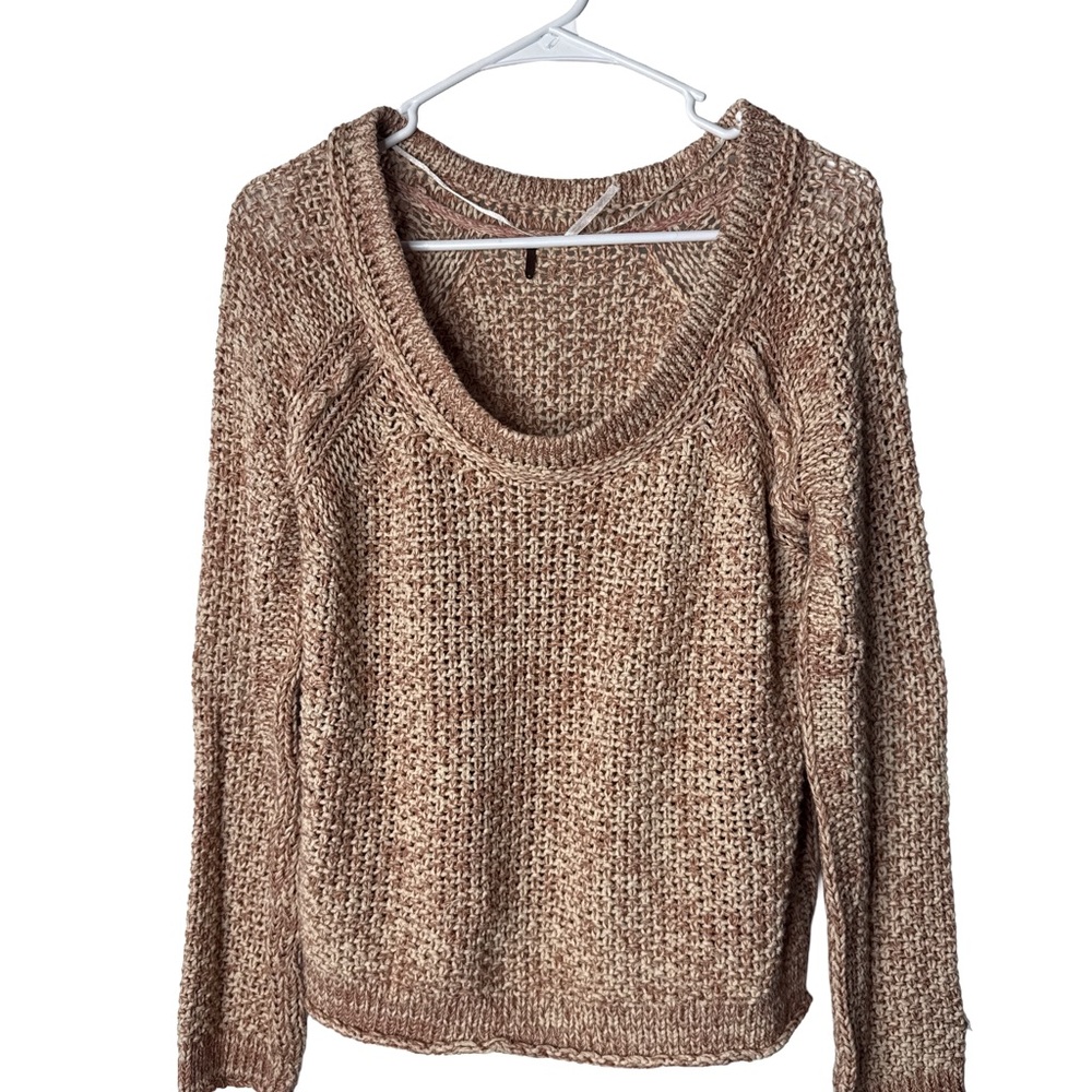 FREE PEOPLE Women’s Cottagecore Open-Knit Beige Pink  Pullover Sweater Cotton S